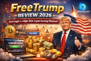FreeTrump Review 2026 showing crypto earning platform dashboard, Bitcoin rewards, referral income system, and FreeTrump branding